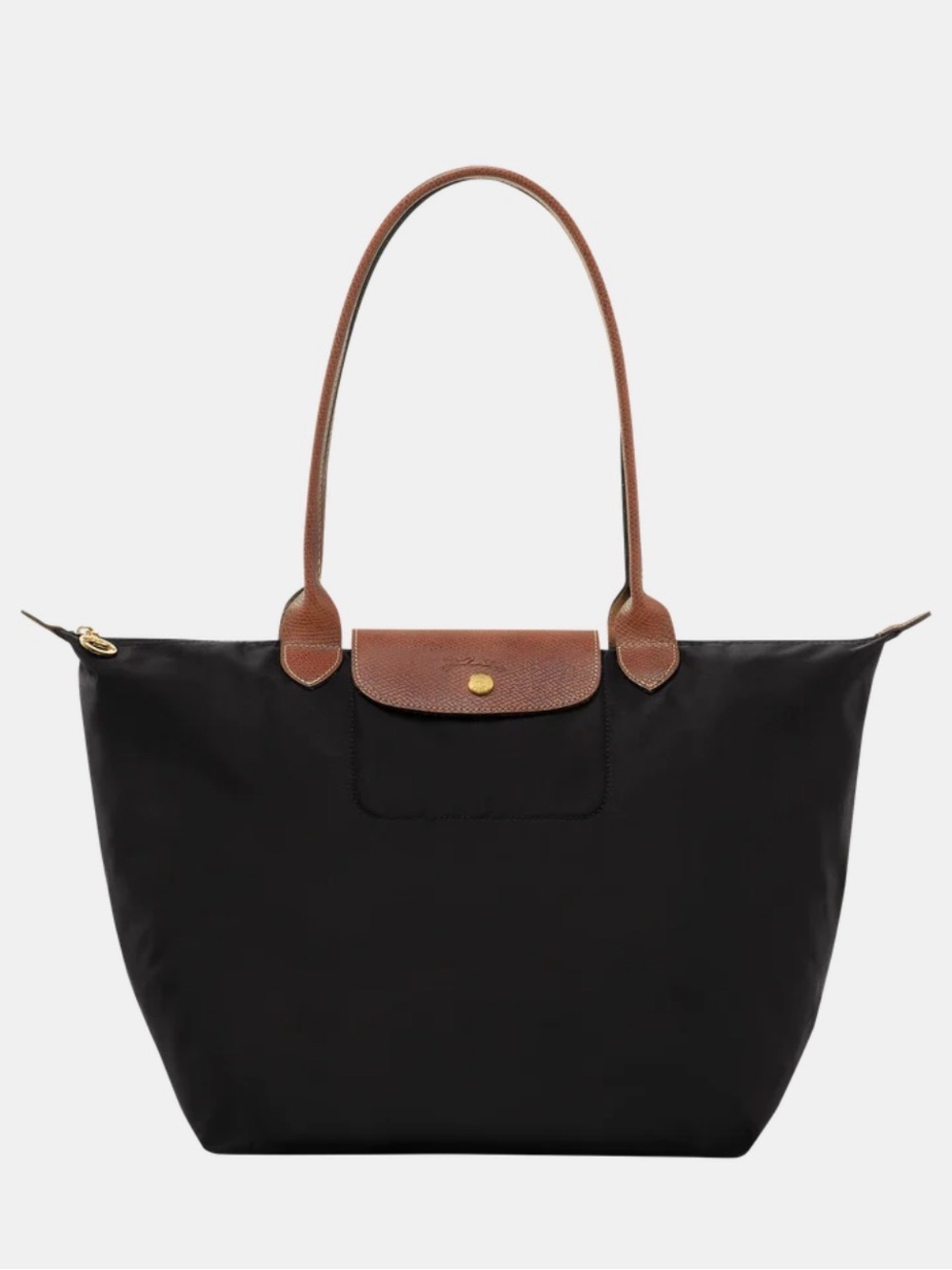 Longchamp Le Pilage Black Nylon Shoulder Bag with Brown Leather Flap and Handles
